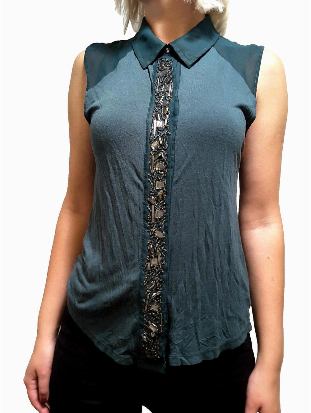 SILENCE + NOISE Teal Green Top S Bejeweled Chain Embellished Sheer Shoulders y2k